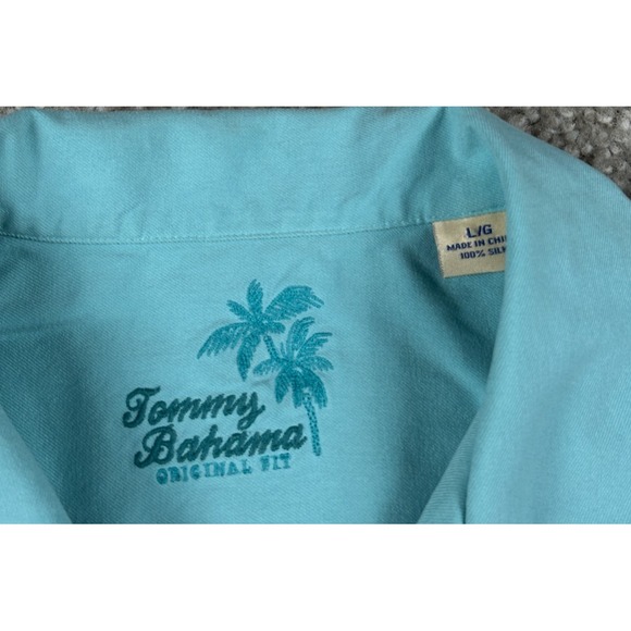 Tommy Bahama Shirt Mens Large Blue Solid Hawaiian Button Up Short Sleeve Silk - Picture 5 of 8